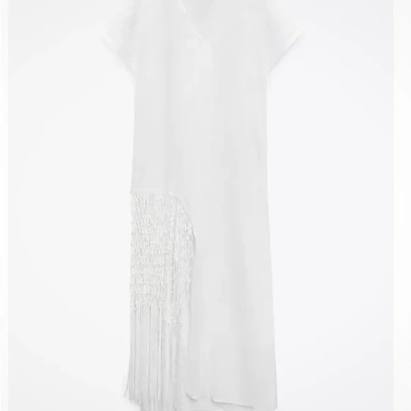 NEW ZARA 2023 WHITE LINEN LONG TUNIC DRESS WITH FRINGE SIZE XS RARE 7495/810 - Picture 4 of 5